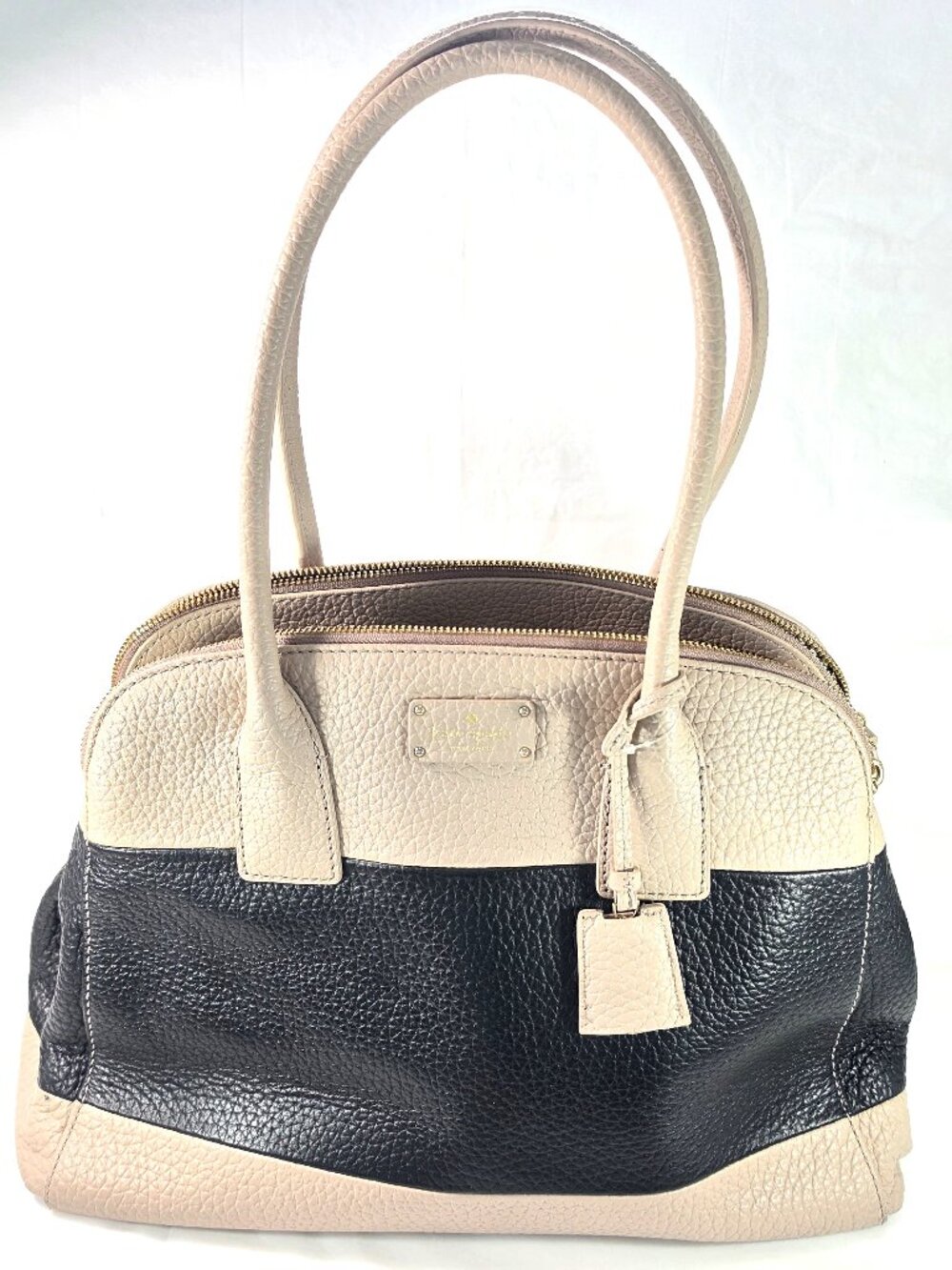 Kate Spade New York Pebbled Leather Dome Satchel Bag Black Beige Gold Tone